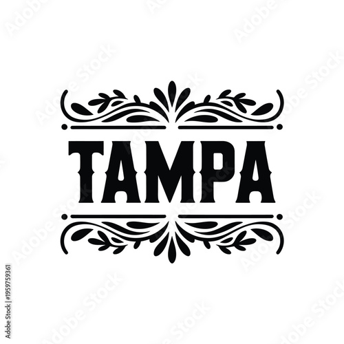Decorative typography spelling Tampa framed with ornate floral swirls and flourishes