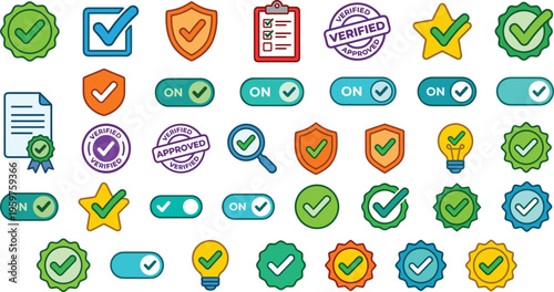 Set of verification and approval icons including checkmarks badges shields toggles and stamps for quality control validation user interface vector