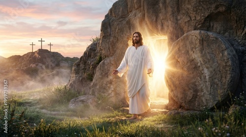 Jesus Christ rising from the tomb. Resurrection of Messiah with open burial cave and radiant light. Easter morning scene with crosses on hill. Spiritual symbol of faith and hope.