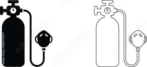 Oxygen tank vector icons with breathing mask, medical gas cylinder silhouette and outline set, emergency respiratory equipment for healthcare