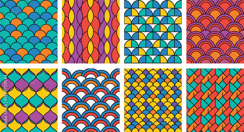 Set of vibrant seamless patterns including geometric scales abstract shapes and decorative repeating backgrounds for textile fabric wrapping paper vector
