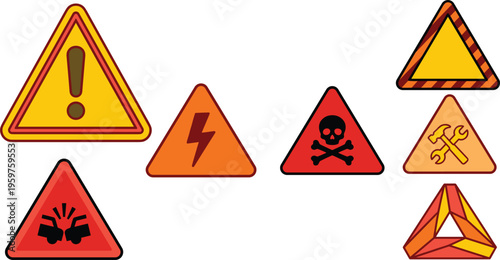 Set of warning hazard triangle signs including danger electricity toxic explosion construction caution symbols isolated vector illustration for safety awareness design