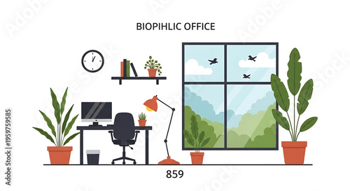 A modern office space with a biophilic design featuring plants and a scenic view