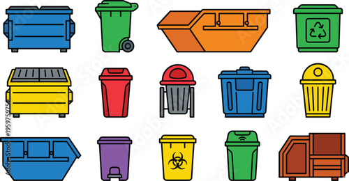 Set of waste management bins including recycling garbage containers dumpsters trash cans for sanitation collection and environmental cleaning vector illustration