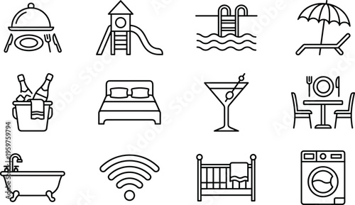 Hotel service line icon set featuring accommodation amenities travel hospitality restaurant pool wifi bedroom and leisure vacation symbols