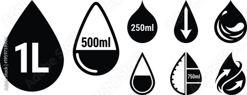 Bild auf Leinwand Set of water drop icons with volume measurements including liters and milliliter