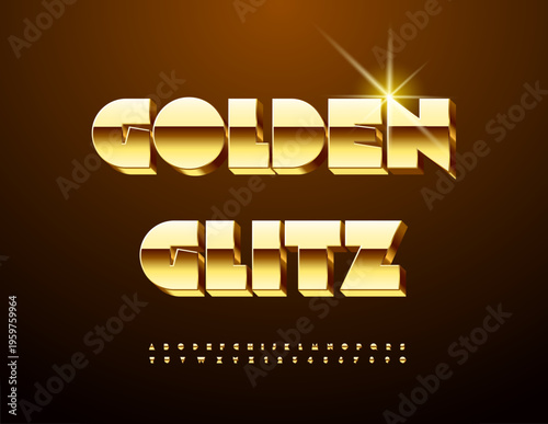 Vector Modern Golden Font. Shiny Luxury 3D Alphabet. Premium Abstract style Letter and Numbers set.