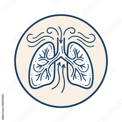 Stylized lungs with airflow on a circular background in a minimalist design