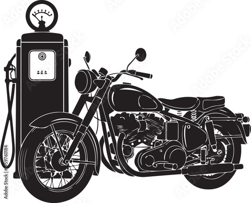 Vintage motorcycle paired with a classic fuel pump illustration. isolated on white background, Vector
