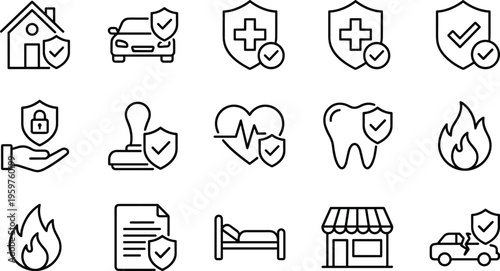Insurance line icon set featuring health home car protection safety shield policy coverage and security service symbols for business