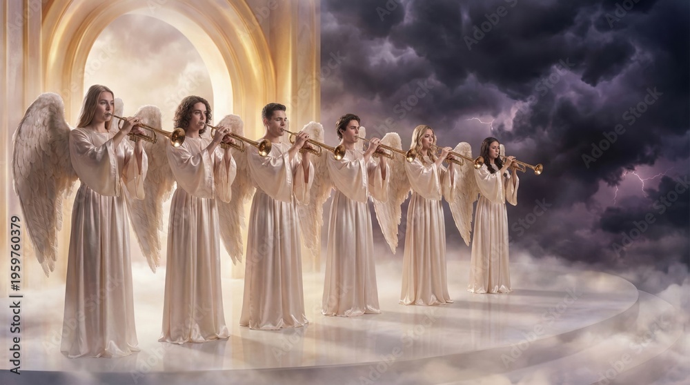 Obraz premium Group of angels in white robes playing golden trumpets on heavenly stage. Religious concept depicting divine musicians in clouds. Spiritual scene for Christian art and church design.