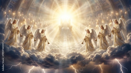 Angels playing trumpets around the throne of Jesus Christ in heaven. Cinematic depiction of the second coming or resurrection. Divine light rays and clouds with biblical religious theme.