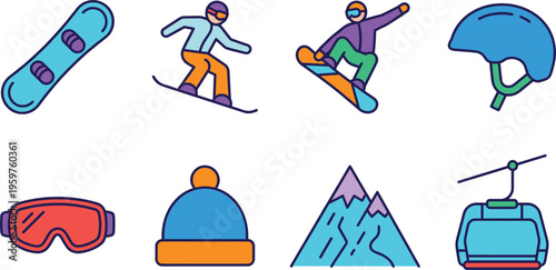 Set of winter sports icons including snowboard skiing goggles helmet chairlift mountain and snow gear elements colorful vector illustration design