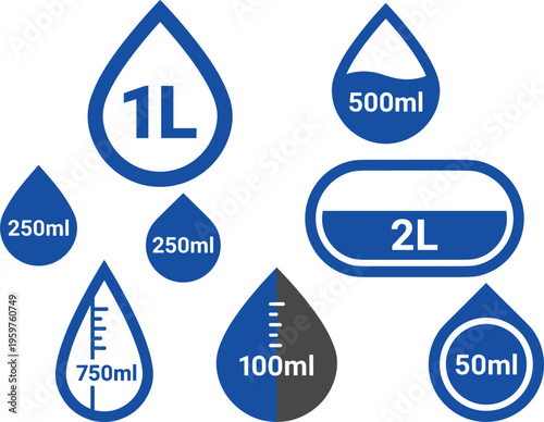 Принти на полотні Water measurement icons set showing volume labels in milliliters and liters incl