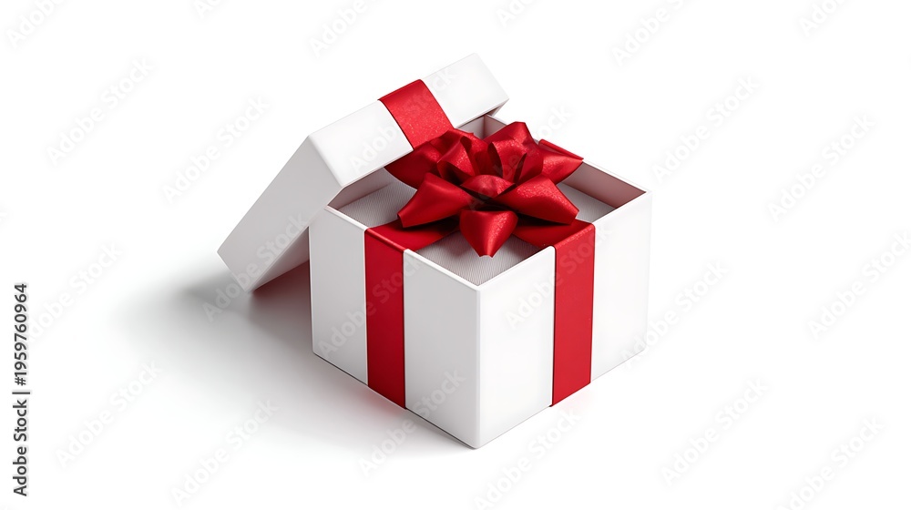 Fototapeta premium Elegant White Gift Box with Vibrant Red Ribbon and Bow, Partially Open, Isolated on White Background - Celebration Surprise