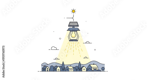 A vector graphic illustration of a solar powered lantern shining light over a small town