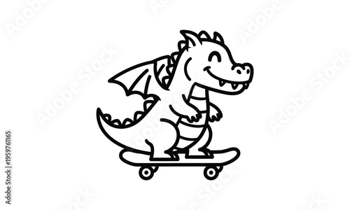Cute cartoon dragon mascot riding skateboard on clean white surface