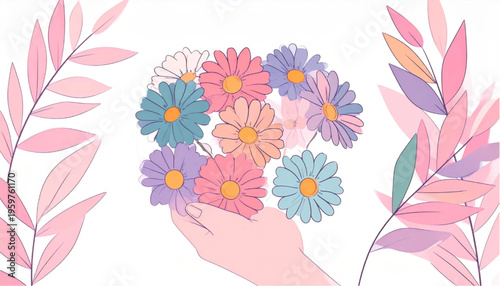 Hand Holding Colorful Flower Bouquet.