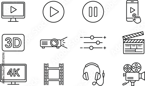 Multimedia video line icon set featuring play pause film projector 4K audio cinema controls and digital media technology symbols