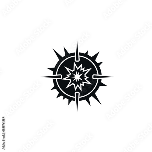 Explosion compass icon in black and white.