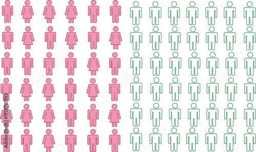 Male and Female Human Icon Set in Pink and Green Featuring Gender Symbols, Population Representation, and Social Demographics Concept for Infographic and Data Visualization Designs.