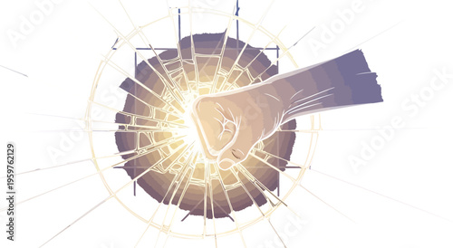 Fist punching through a broken glass wall with a bright light behind it strongly
