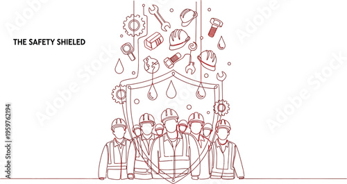 Workers protected by safety gear and shield for workplace protection and security measures