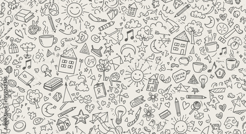Doodle art seamless pattern with various objects and symbols on paper background