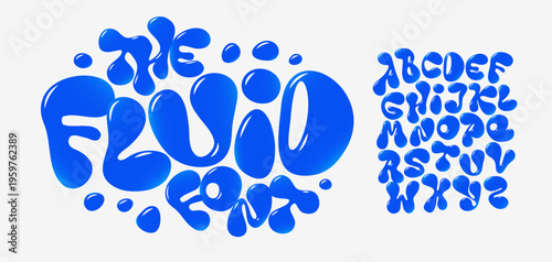 Blue Liquid Font Logo Alphabet Fluid Effect Letter Set Modern Typography, Creative Typographic Design for Playful Title Text, Water Fest Headline, Juice Logotype, Aqua Bubble Fonts. Vector Typeface
