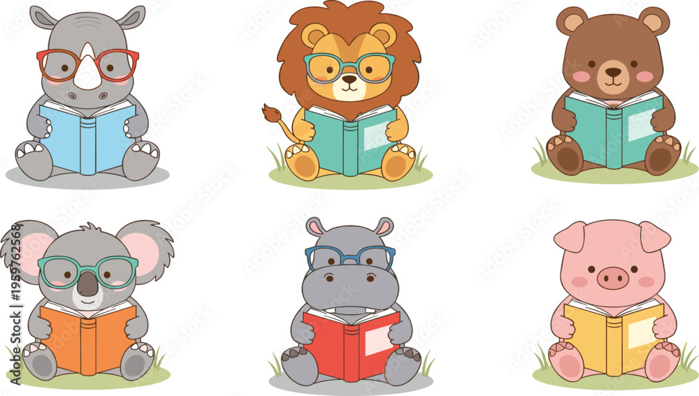 Obraz premium Cute Cartoon Reading Animal Set Featuring Rhino, Lion, Bear, Koala, Hippo, and Pig with Glasses Holding Books for Kids Education and Nursery Design Projects.