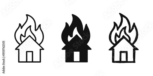 House Fire and Property Damage Icon Set, Burning Home Symbol in Outline, Solid, and Doodle Styles.