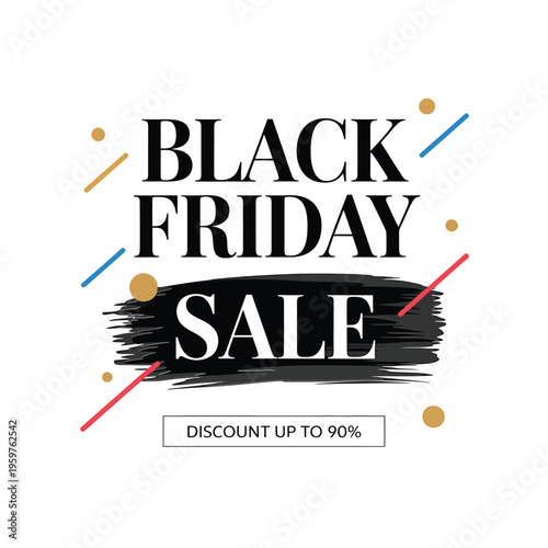 Black friday sale advertisement with bold text brushstrokes and colorful lines