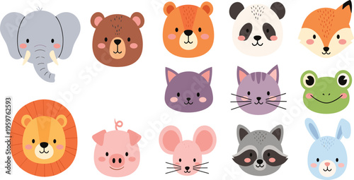 Cute Cartoon Animal Faces Collection Featuring Elephant, Bear, Panda, Fox, Lion, Pig, Cat, Frog, Rabbit and More Adorable Wildlife Head Icons for Kids Design Projects.