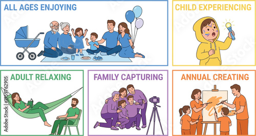 Illustrations depict various human activities and states of mind across different age groups.