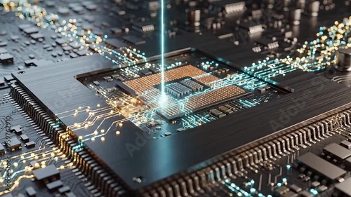 Close-up of a computer chip with glowing blue circuits and a laser beam