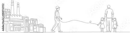 Man pulls a rope tied to a little girl towards a factory