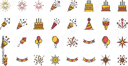 Birthday Party Celebration Icon Set Featuring Cakes, Balloons, Fireworks, Hats, and Decorative Elements in Cartoon Style for Festive Events and Kids Design Projects.