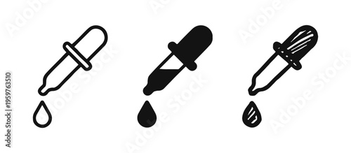 Pipette Dropper with Falling Drop Icon Set, Medicine and Science Symbol in Outline, Solid, and Doodle Styles.