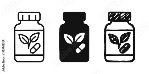 Natural Supplements and Herbal Medicine Bottle Icon Set, Organic Pill Container Symbol in Outline, Solid, and Doodle Styles.