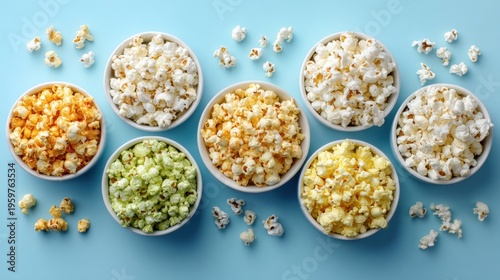 Top view of assorted flavored popcorn in small bowls on blue background
