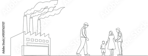 Family walks by polluting industrial factory with smokestacks emitting smoke