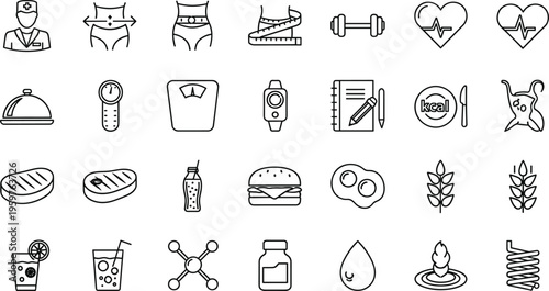 Large collection of healthy lifestyle line icons set featuring weight loss fitness training diet nutrition calorie counting healthcare medical advice and balanced wellness vector symbols.