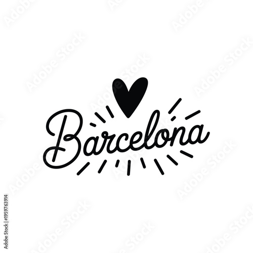Black and white illustration of the word barcelona with a heart and rays