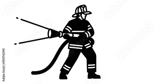 Silhouette of a firefighter holding a hose. Black and white vector illustration.