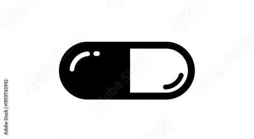 Black and white pill capsule icon isolated on white background. Vector illustration.