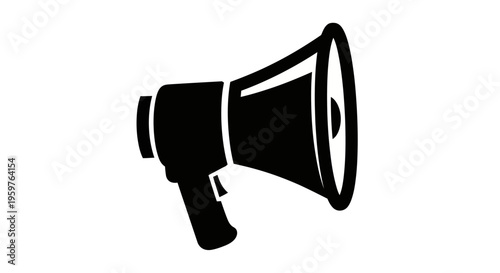 Black and white illustration of a megaphone, a classic symbol of announcements and communication. Tool for amplifying sound and voice.