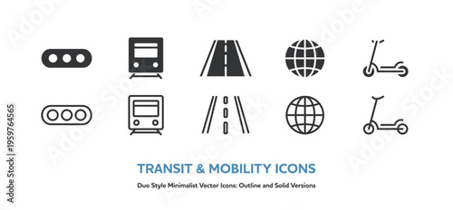 電車やキックボードなど交通手段とインフラのアイコンセット。線画と塗りのベクター素材