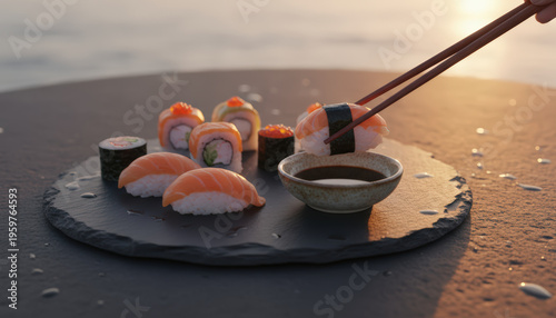 Sushi platter with nigiri and rolls on slate by sea at sunset