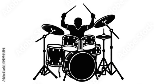 Silhouette of a drum kit with cymbals and drumsticks on a white background. Suitable for music-themed designs.