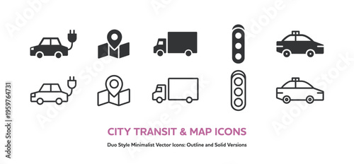 電気自動車やタクシー、トラックなど街の交通と地図のアイコンセット。線画と塗りのベクター素材